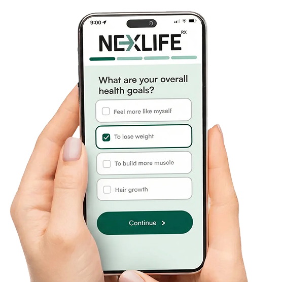 Phone displaying the NexLife app with a health goal questionnaire.