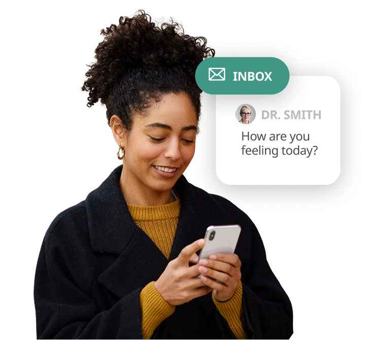 Woman using a smartphone with an inbox notification from Dr. Smith on a white background